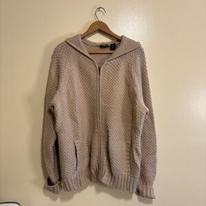 Crochet Beige Hooded Zip-Up Sweater